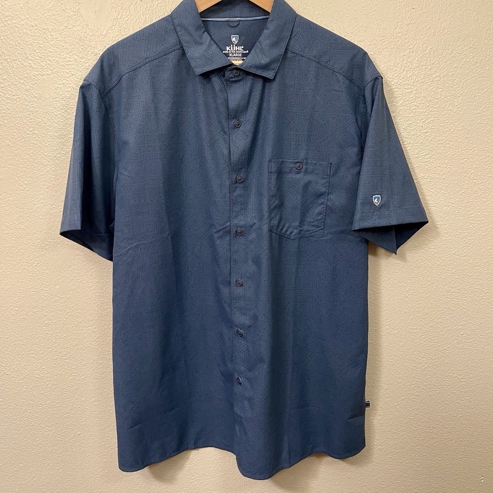 Kuhl Men's Short Sleeve Shirt Dark Blue Pattern Resort Cruise Outdoor Sz XL EUC